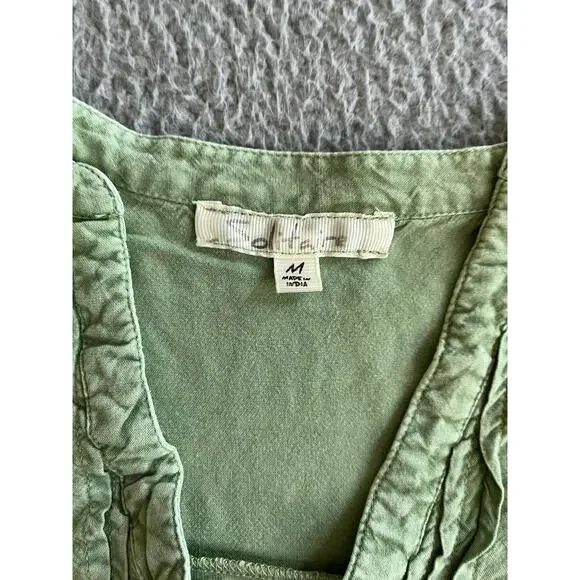 Solitare Button Top Medium Floral Embroidery V-Neck Roll Tab Green Boho Fairy - Picture 5 of 16